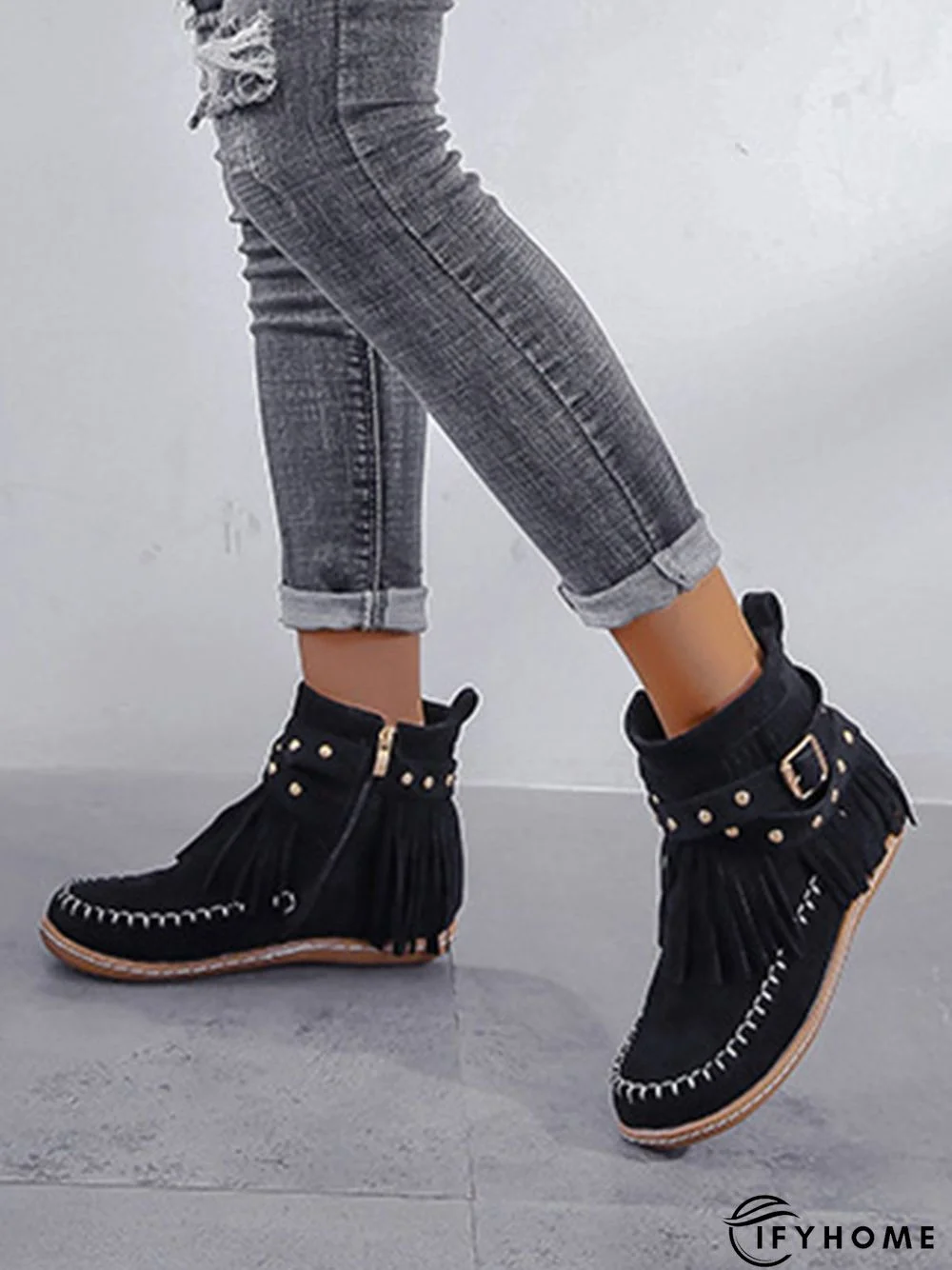 Vintage Fringe Studded Flat Round Toe Buckle Booties | IFYHOME