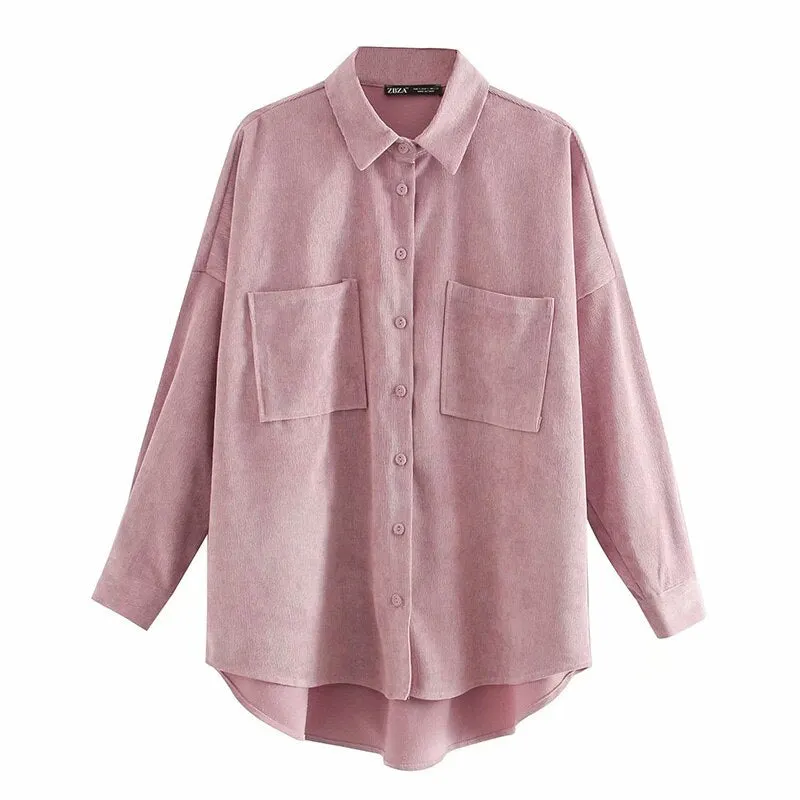 Women's Shirt Oversize Blouses Pocket Blusas Mujer Long Sleeves Corduroy Shirt Jackets Female Vintage Purple Overshirt Fashion