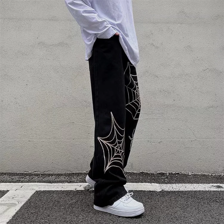 Spider Web Embroidery Baggy Men Hip Hop Jeans Pants