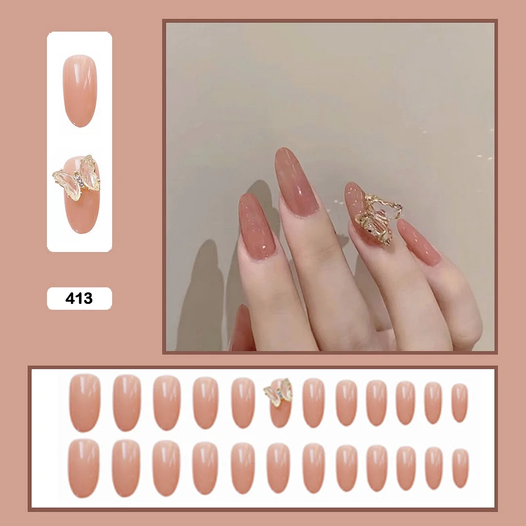 24pcs Stereoscopic Butterfly Light Luxury Elegant Nude Lady Style Removable Nail False Nail Manicure Tool-Nail Inspo