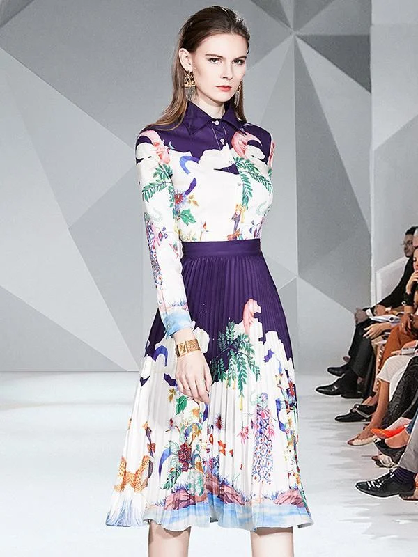 Elegant dress women pleated print lapel long sleeves