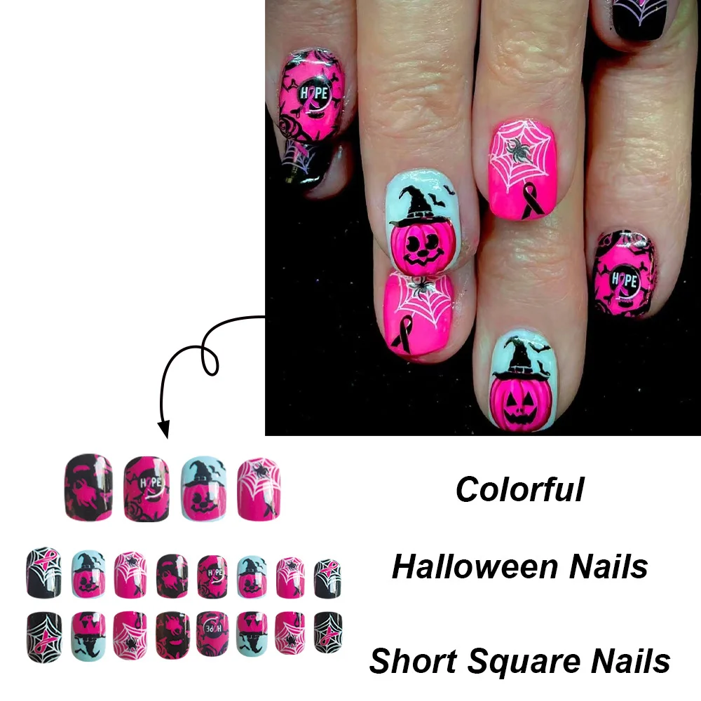 Churchf Churchf Short Square A Pitaya Color Pumpkin Spider Web Fake Nail Product Wear A Holiday Nail