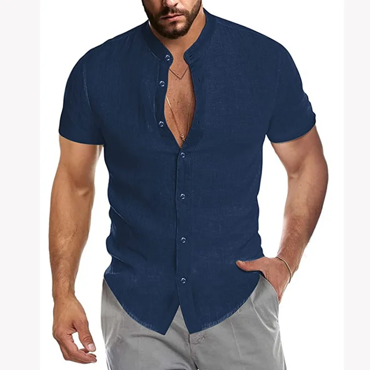 BrosWear Casual Stand Collar Simple Short Sleeve Shirt