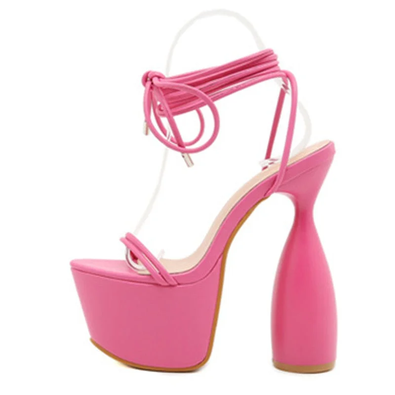 New Fashion Pink Green Cross Strap Sandals Club Female Thick-Soled Strange High-Heeled Gladiator Peep Toe Lace Up Platform Shoes