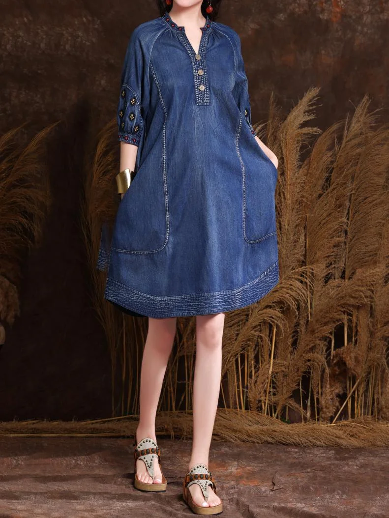 Women's Denim Embroidered Half Sleeve V-neck Midi Dress