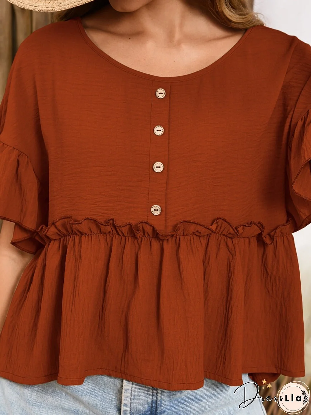 Frill Decorative Button Round Neck Half Sleeve Blouse