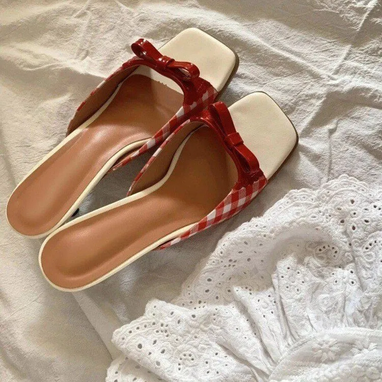 Yyvonne Head French Lattice Cool Slippers Women Wear Bows Out Toe High Heel Sandals