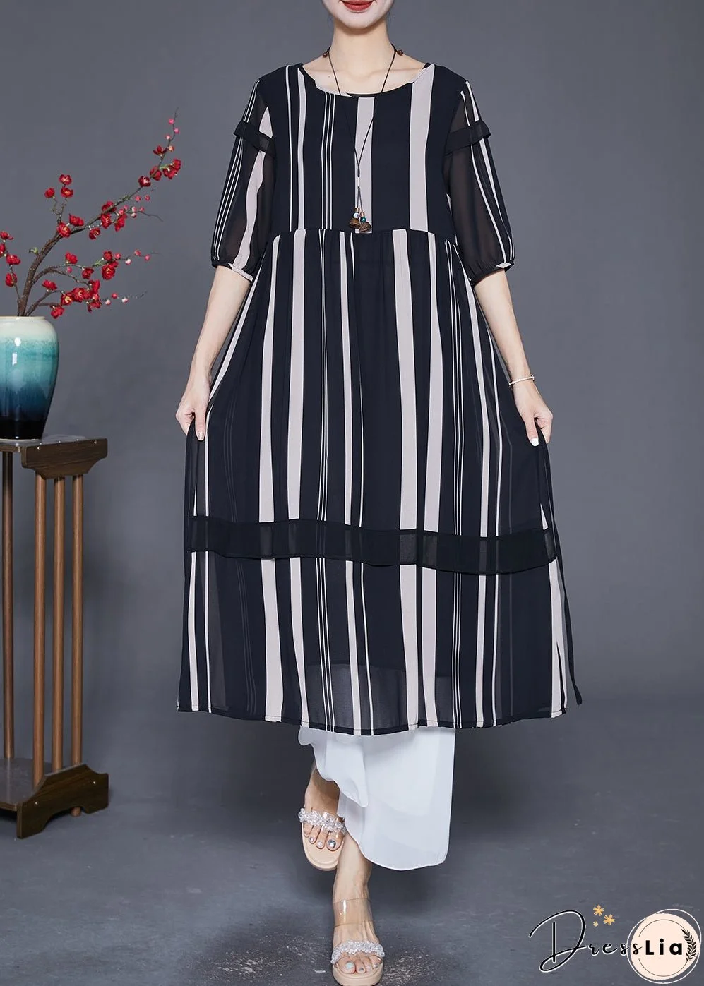 Modern Black Striped Patchwork Chiffon Maxi Dresses Half Sleeve