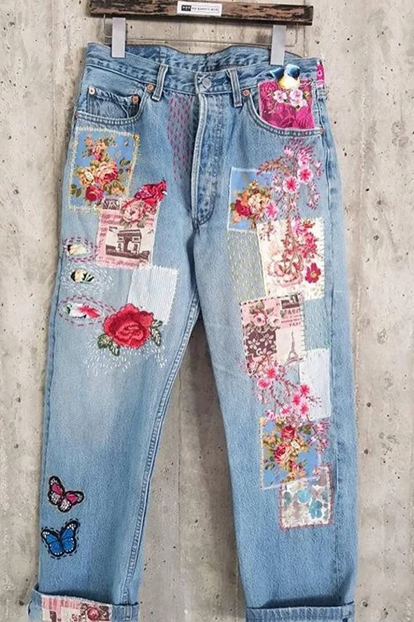Floral Embroidered Patch Jeans