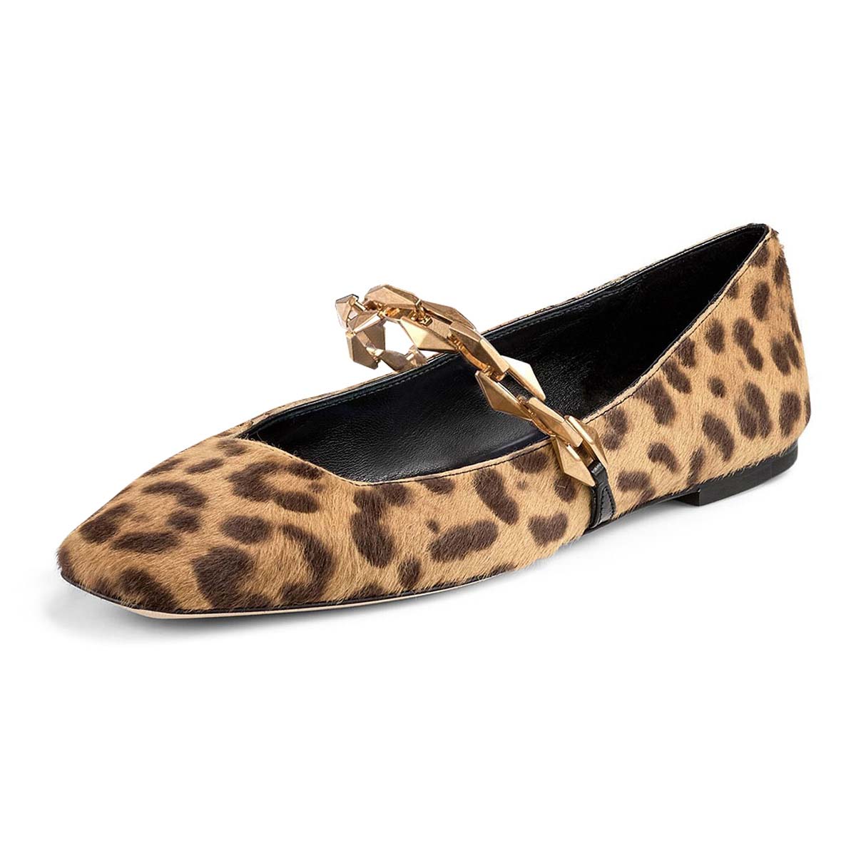 Leopard Print Chain Strap Mary Jane Square Toe Ballet Flats for Women Nicepairs