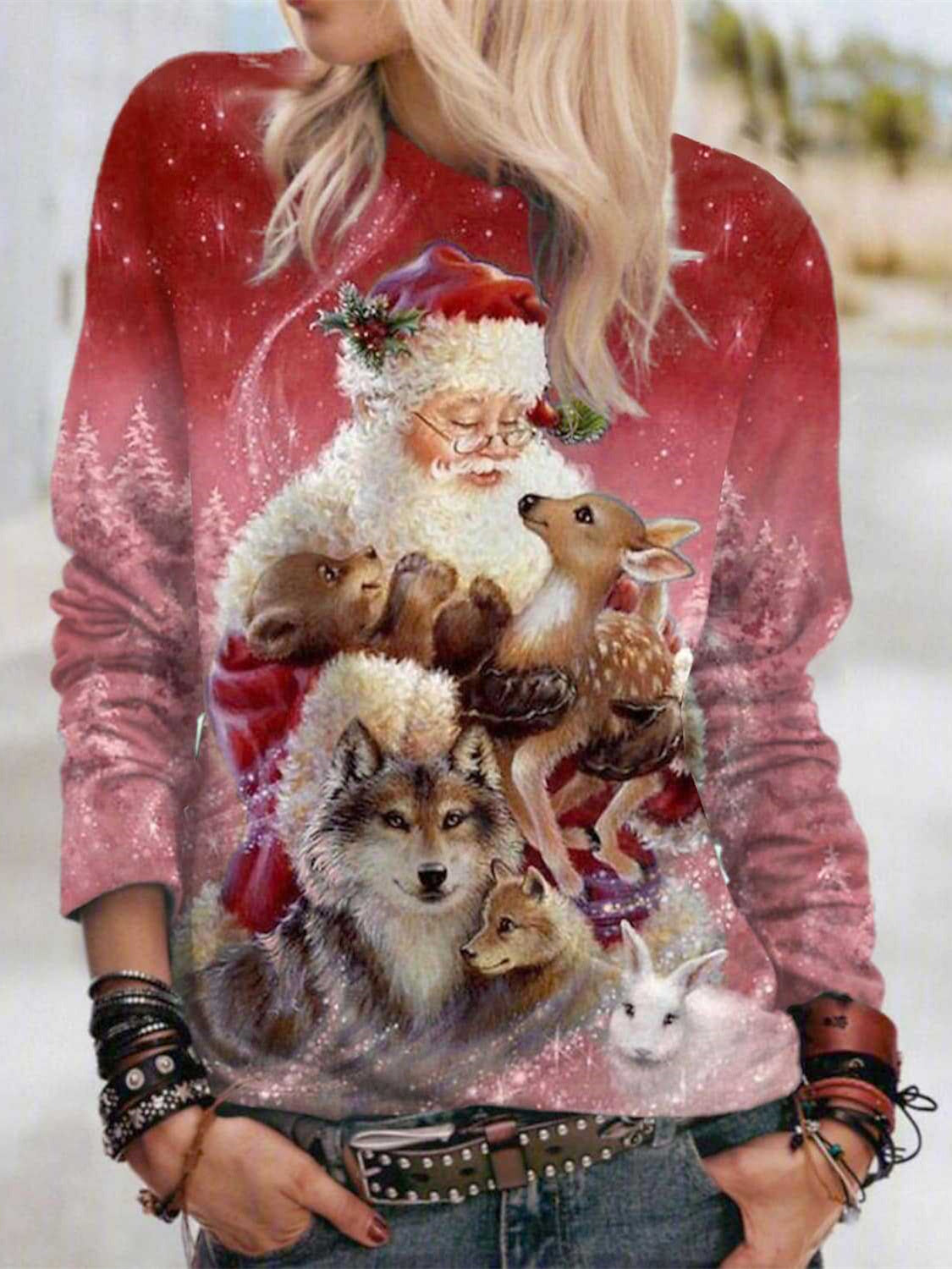 Women Long Sleeve V-neck Graphic Floral Printed Top