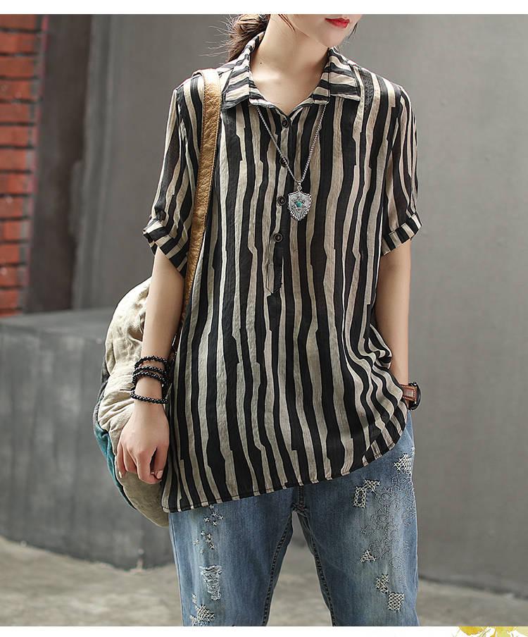 New Style Casual Ladies Striped Cotton Linen Vintage T-shirts