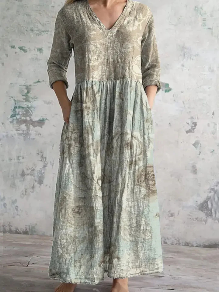 Womens Art Elegant Flower Pattern Cotton And Linen Dress