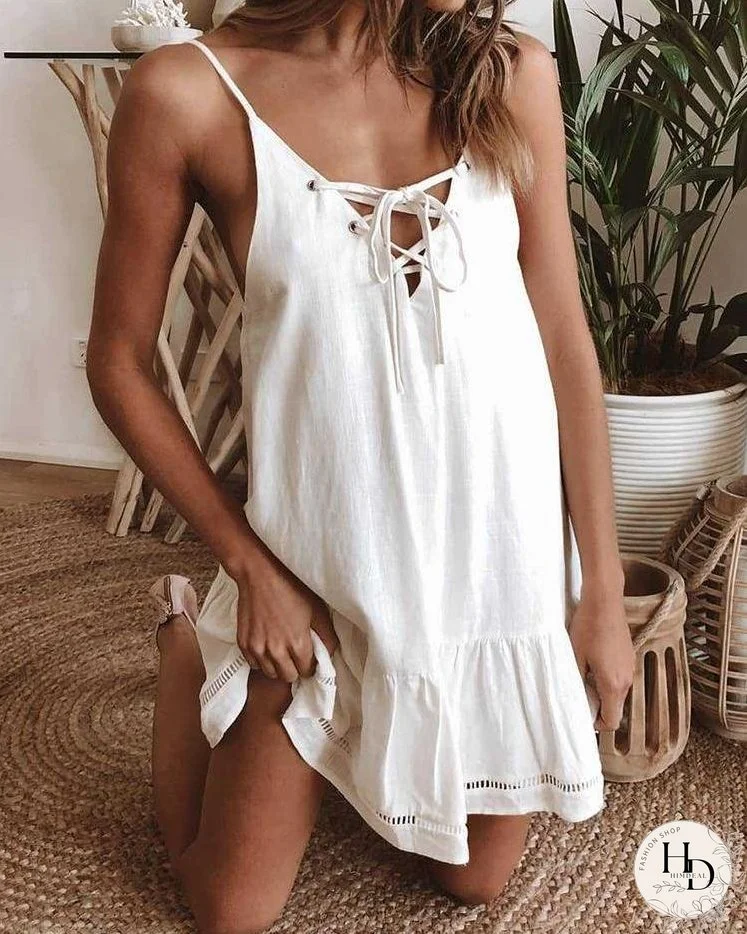 Strap Hollow Out Lace-Up Mini Dress