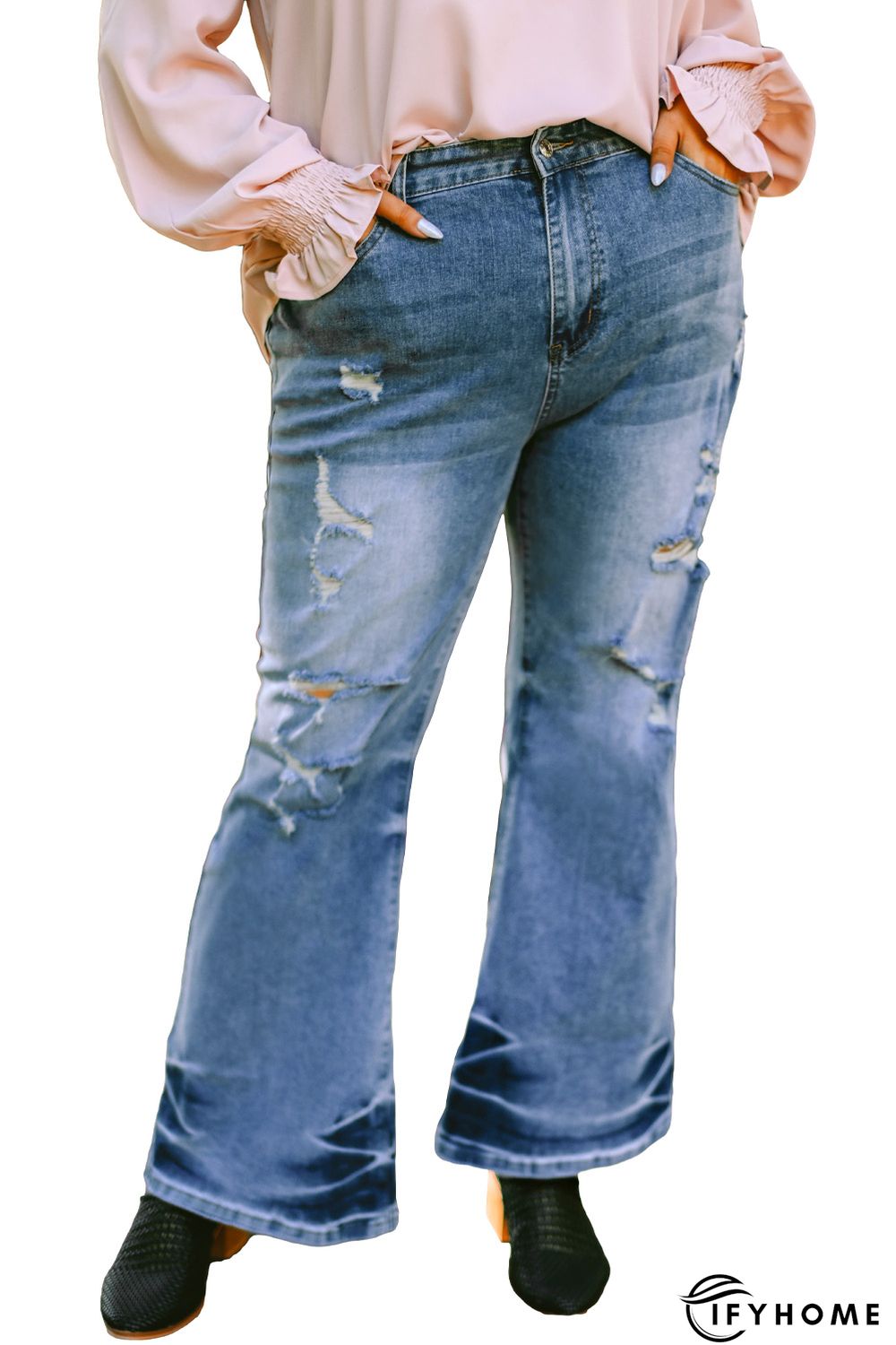 Sky Blue Plus Size Distressed Flare Jeans | IFYHOME