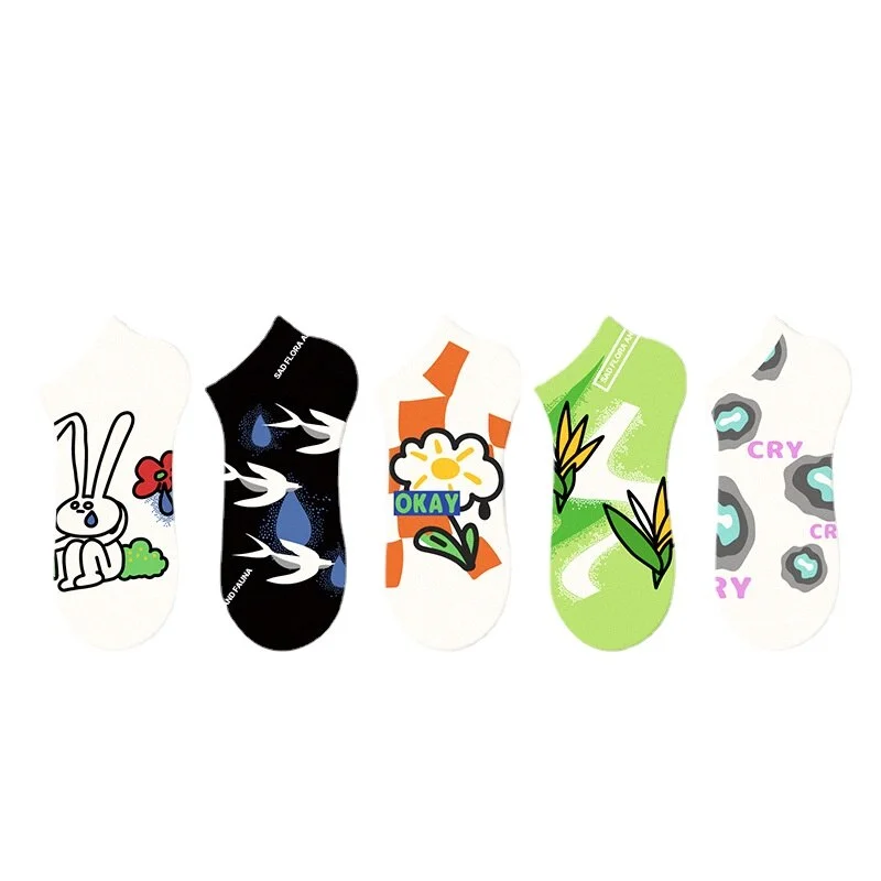 Spring/Summer Cartoon Socks - Breathable Shallow Mouthed Non Falling Pure Cotton Boat Socks-5 Pairs Set