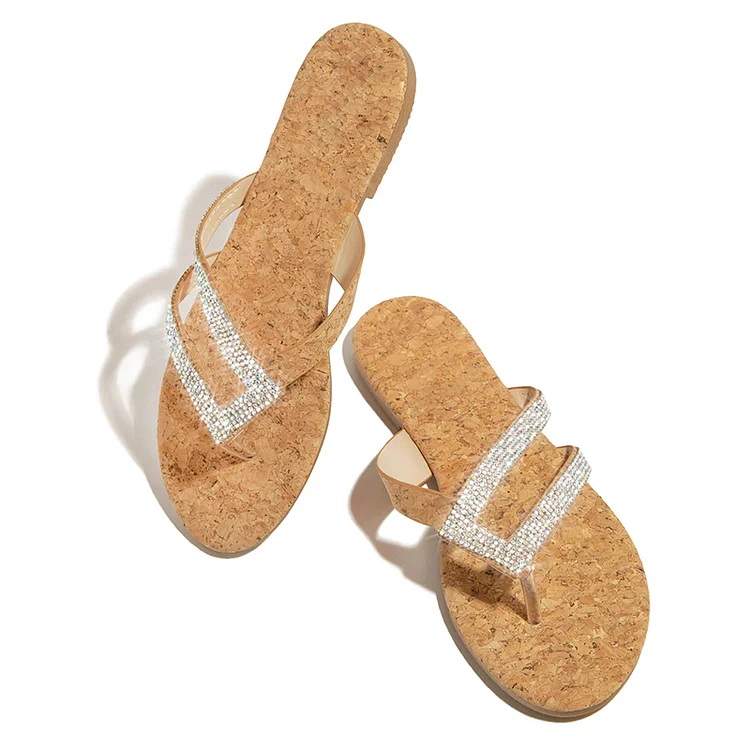 Cork Style Thong Sandals Rhinestone Slide Flats |FSJ Shoes