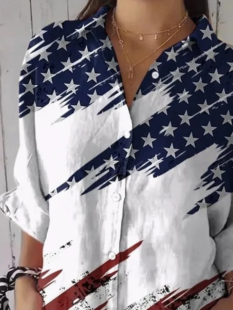 Women 3/4 Sleeve Shirt Collar National Flag Star Printed Graphic Button Tops