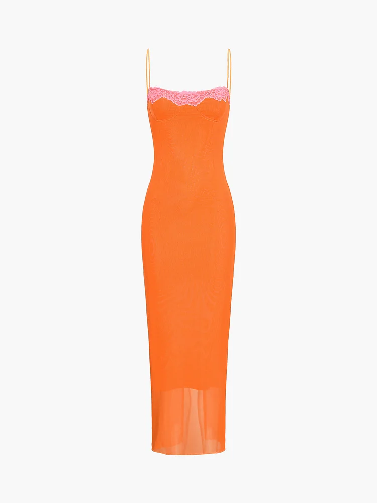 Semi-Sheer Mesh Lace Trim Long Dress
