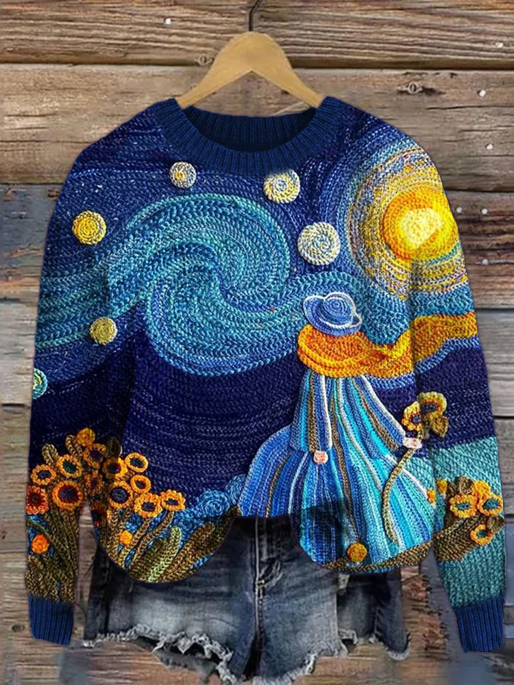 Sunflowers Field Starry Night Crochet Art Cozy Knit Sweater