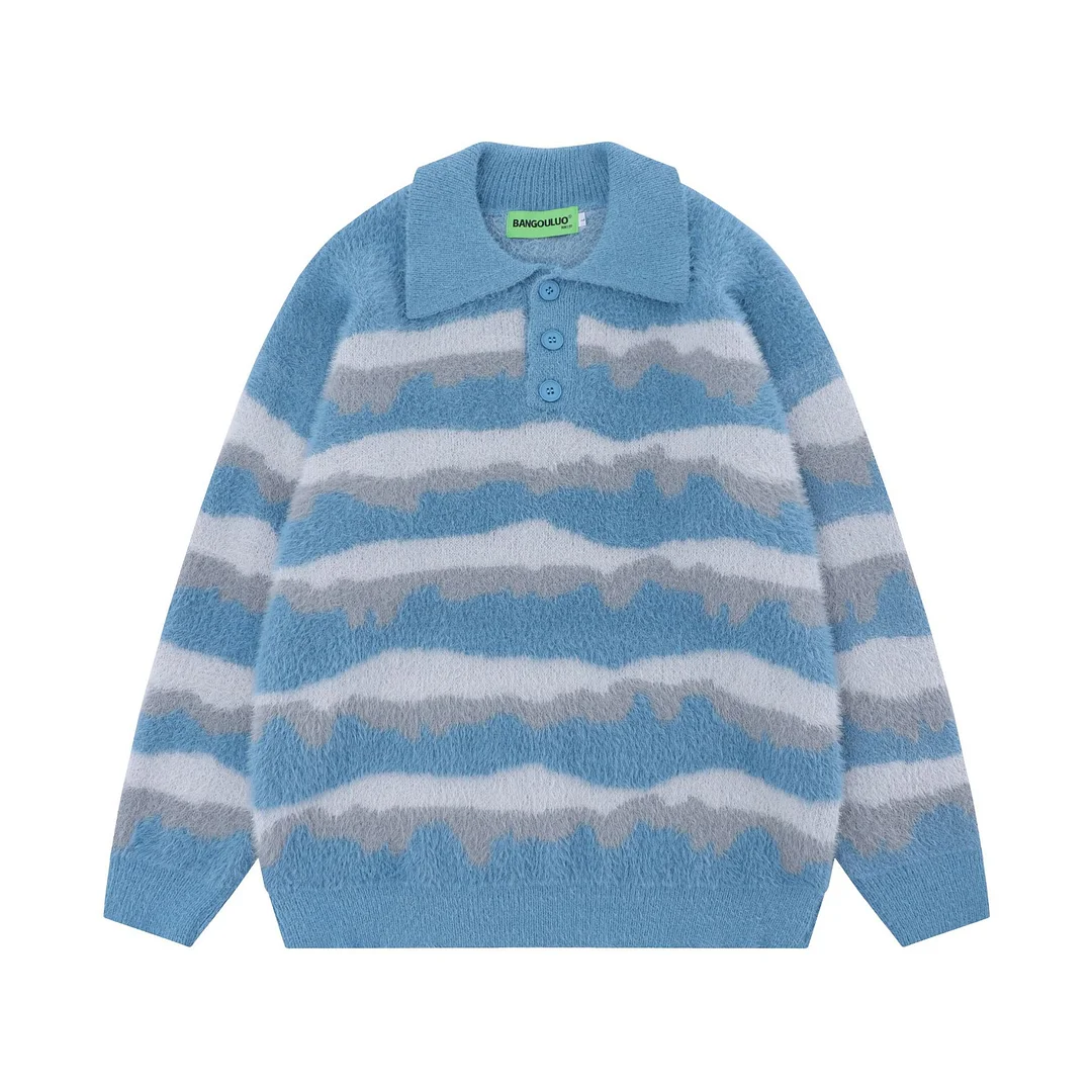 Couples Vintage Plush Wavy Stripe Lapel Sweater