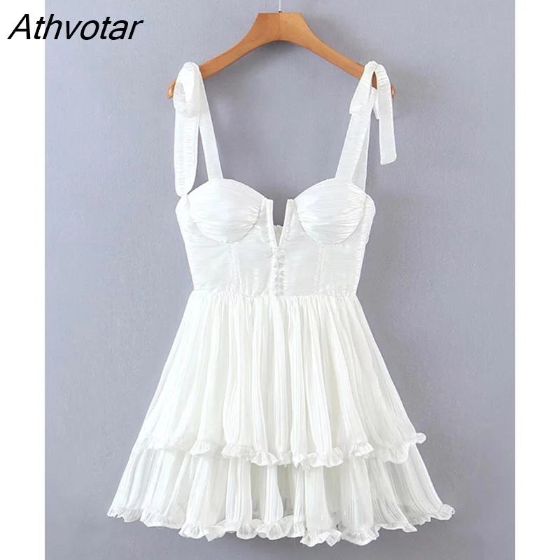 Athvotar Fashion Women Spaghetti Strap Ruffle Cake Chiffon Dress Sexy Ladies Floral Print Holiday Party Mini Dress Summer Robe