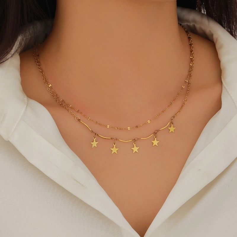 Lady Classic Style IG Style Cross Star Leaves 304 Stainless Steel 18K Gold Plated Double Layer Necklaces