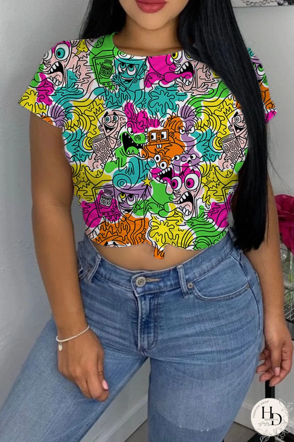 cartoon Green Yellow cartoon Multi-color purple Polyester O Neck Short Sleeve Patchwork Print Character Tops