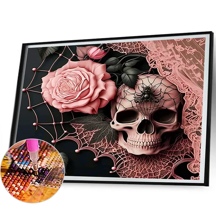 Skulls Pink Roses- Full Round - Diamond Painting (50*60cm)