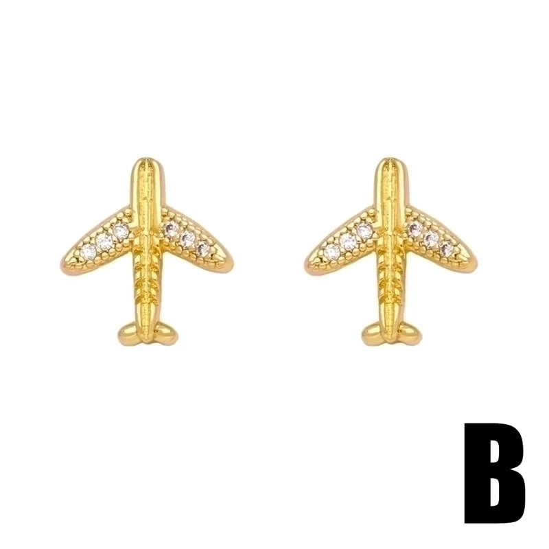 1 Pair Cute Sweet Ice Cream Notes Airplane Plating Inlay Copper Zircon 18k Gold Plated Ear Studs