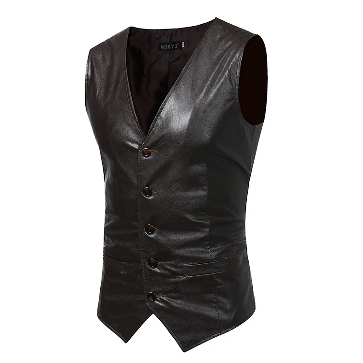 Business gentleman solid color Slim single-breasted casual leather vest