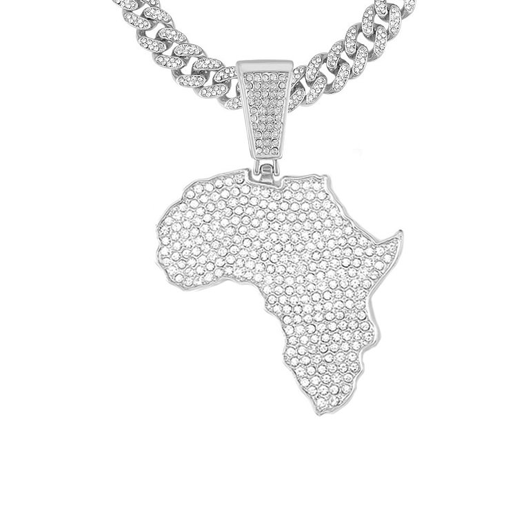 Iced Out Africa Map Rhinestone Pendant With Cuban Chain Necklace