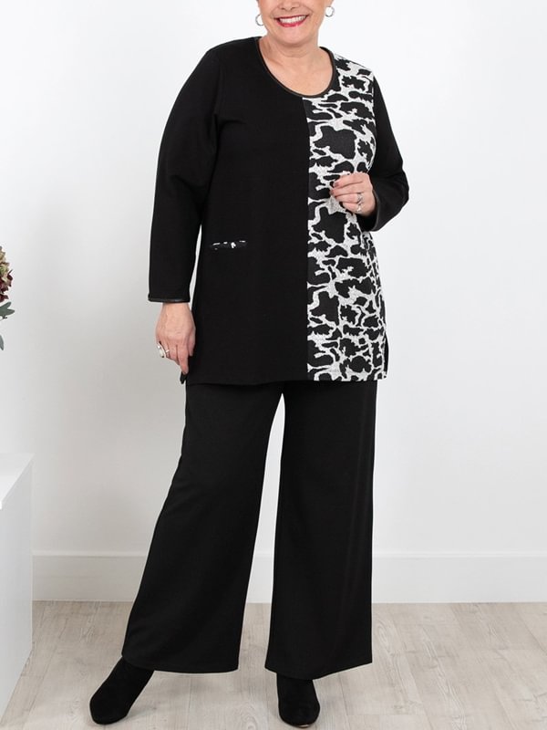 Round neck stitching printed long-sleeved top and wide-leg pants suit