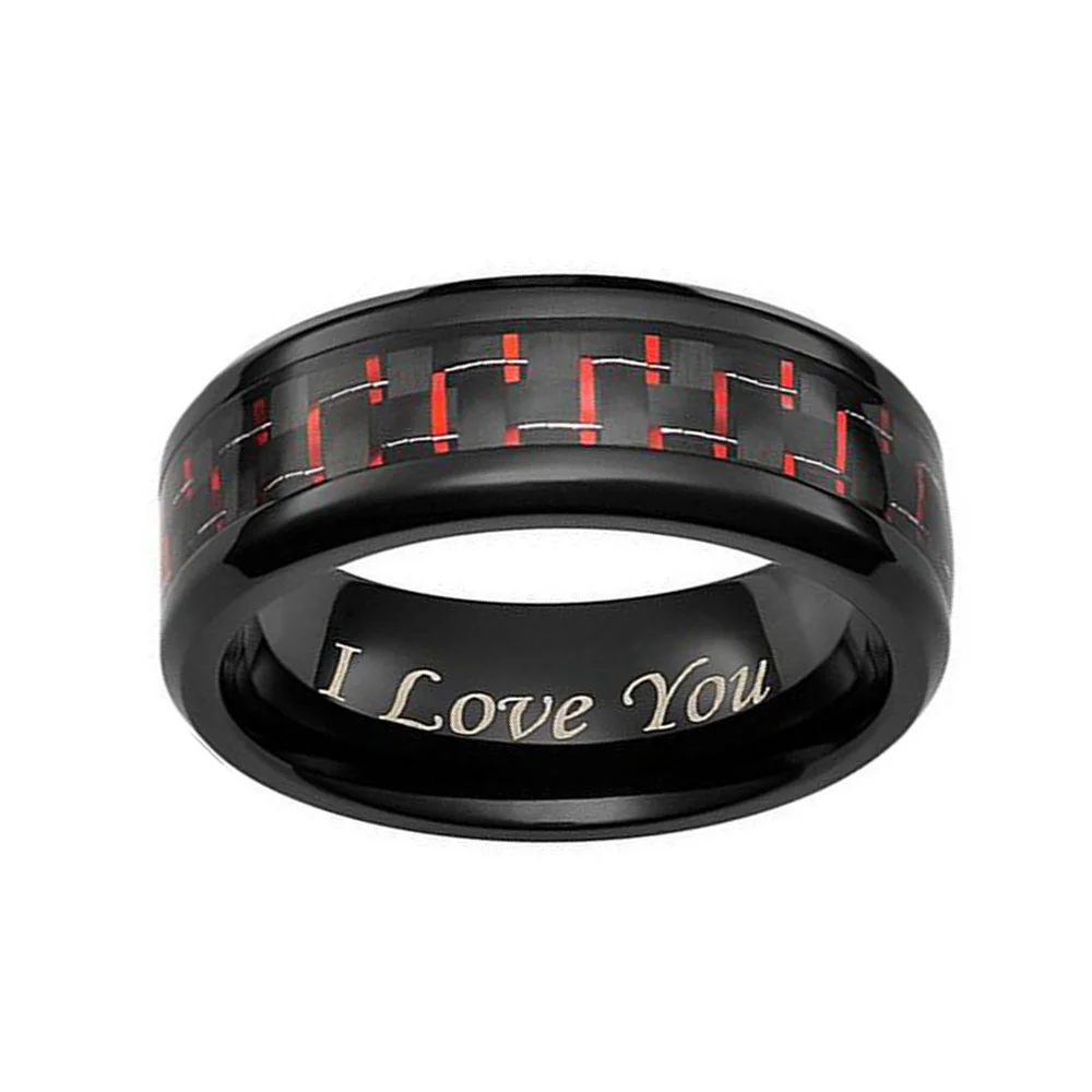 8MM I Love You Tungsten Carbide Ring Red Carbon Fiber Inlay Polished For Women Wedding Band