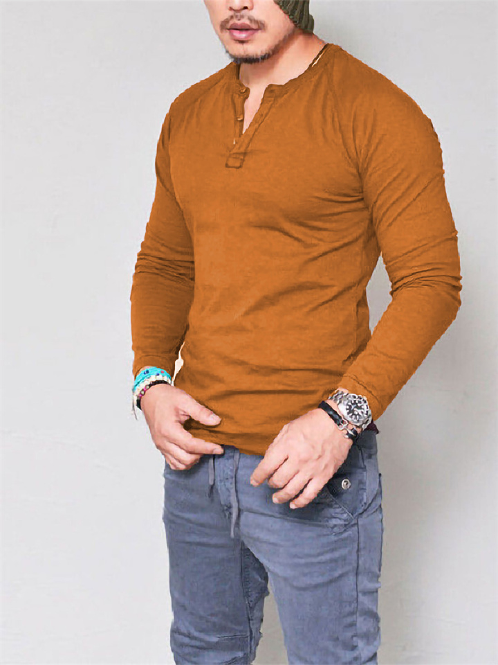 Men's Models Round Neck Cotton Solid Colour Buttons Long-sleeved T-shirt Casual Collarless Bottoming Shirt Tops