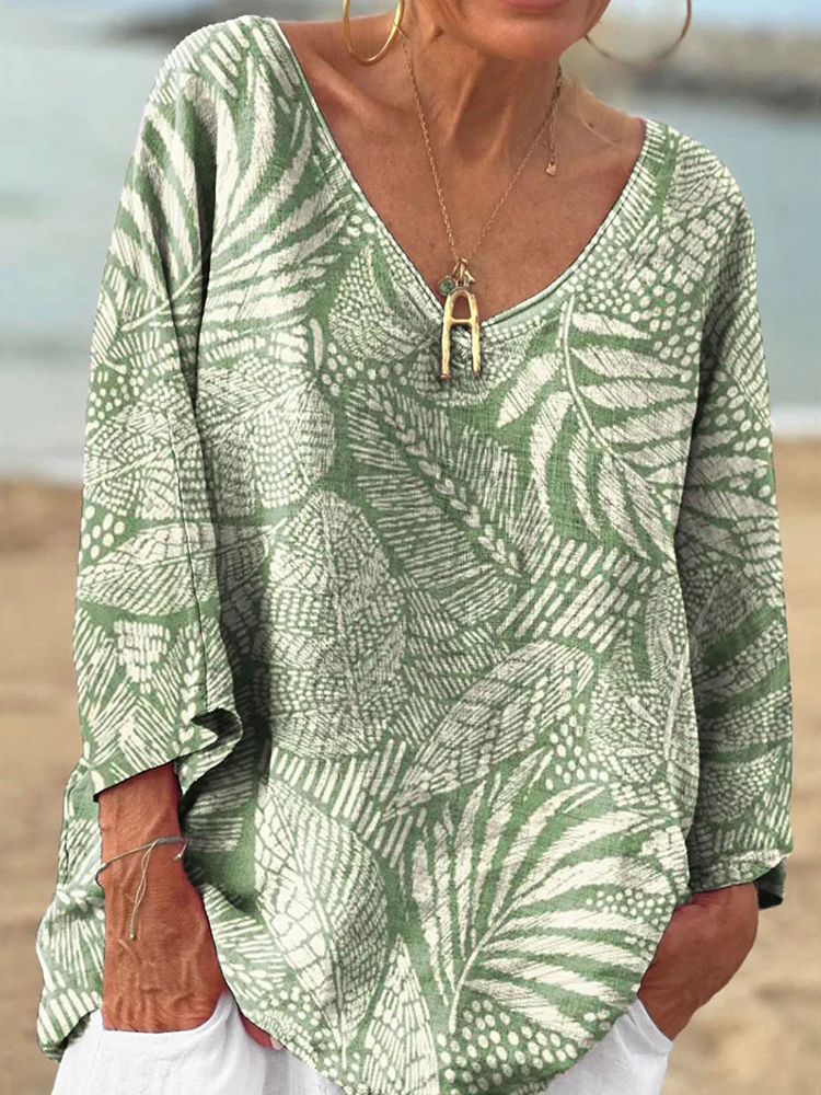 Comstylish Leaf Print V-neck Loose Linen Blend T-shirt