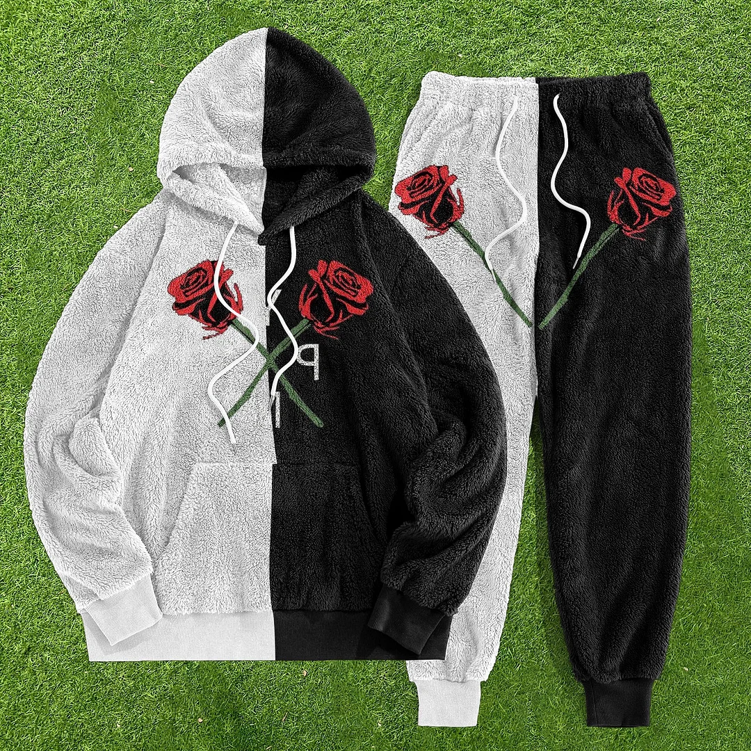 Contrast Patchwork Floral Graphic Plush Hoodie and Sweatpants Set