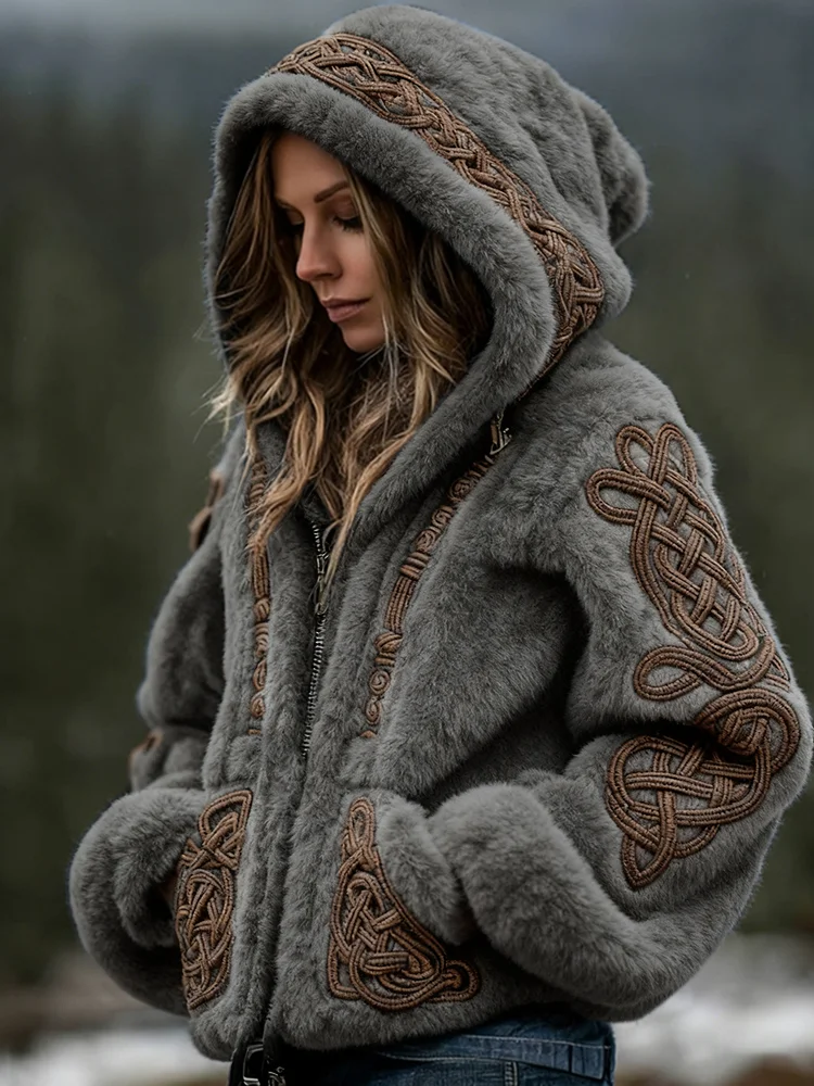 Women's Viking Celtic Art Cozy Warm Flannel Hooded Jacket