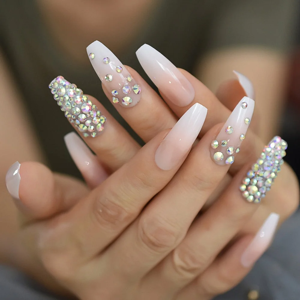 Ombre Jewelry Fake Nails Easy Designed Hand Painted Custom Press On Nails Extra Long Stiletto Designer Tips-Nail Inspo