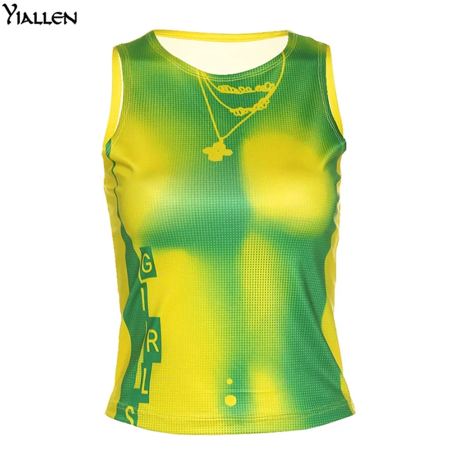 Yiallen Summer Fashion Print Personality Bright Color Sleeveless O-neck Tank Top Slim Design Women Street Shooting Vest Female