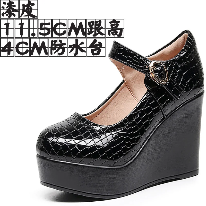 Breakj Breakj Leather Stone Slope Heel Single Shoe Round Head Light Mouth Work Shoes Thick-Soled Waterproof Table Model Show High Heels Women