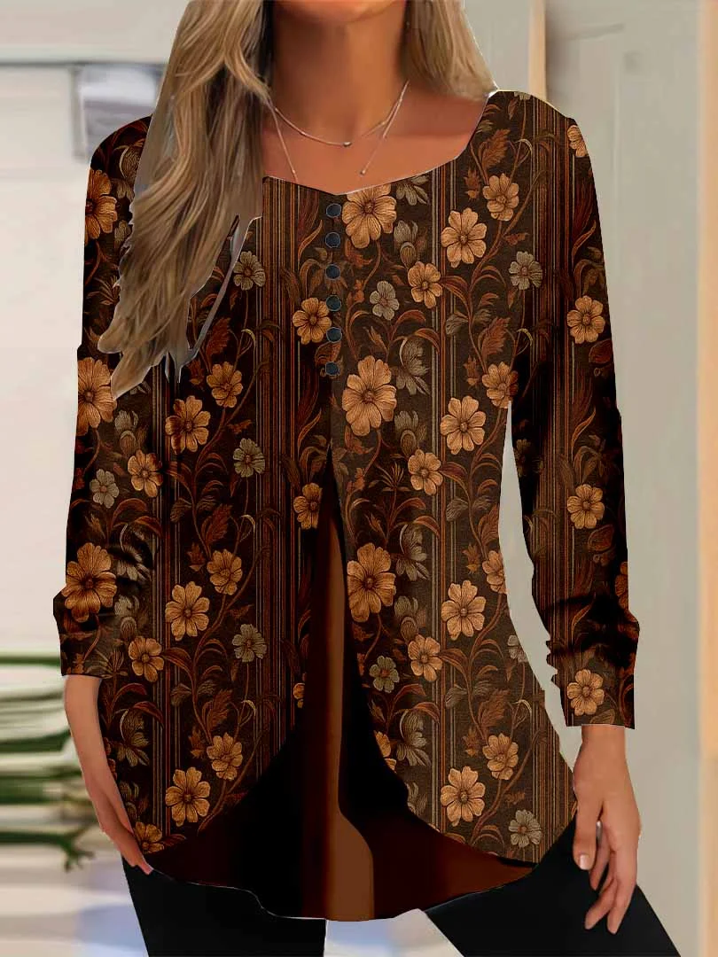 Women Floral,Brown DZGG8265 Long Sleeve Scoop Neck Printed Graphic Button Fake 2in1 Tops