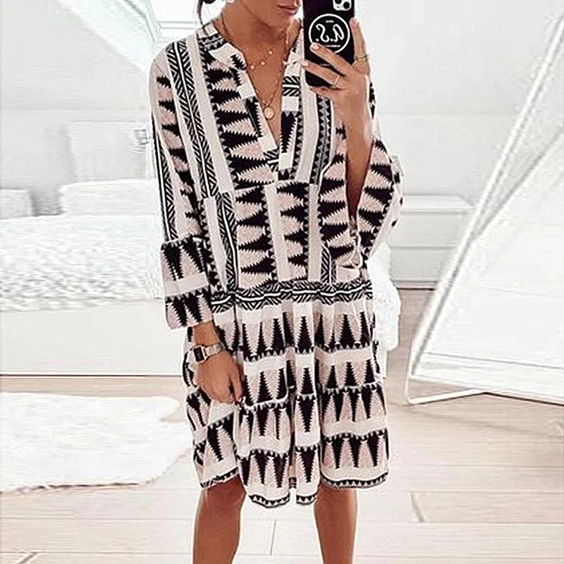 Long Sleeve Printed Loose Stitching Dress