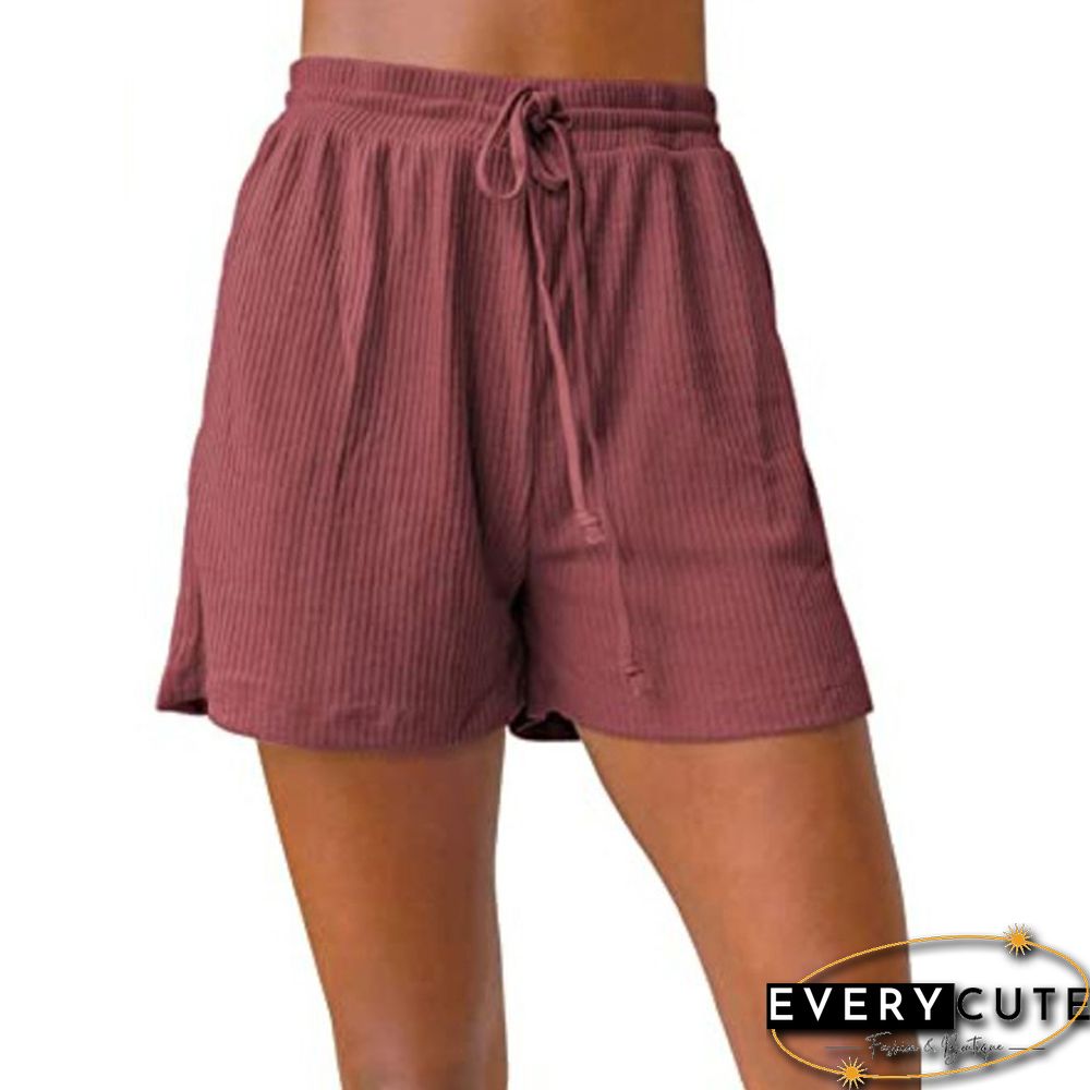Rust Red Ribbed Drawstring Casual Shorts