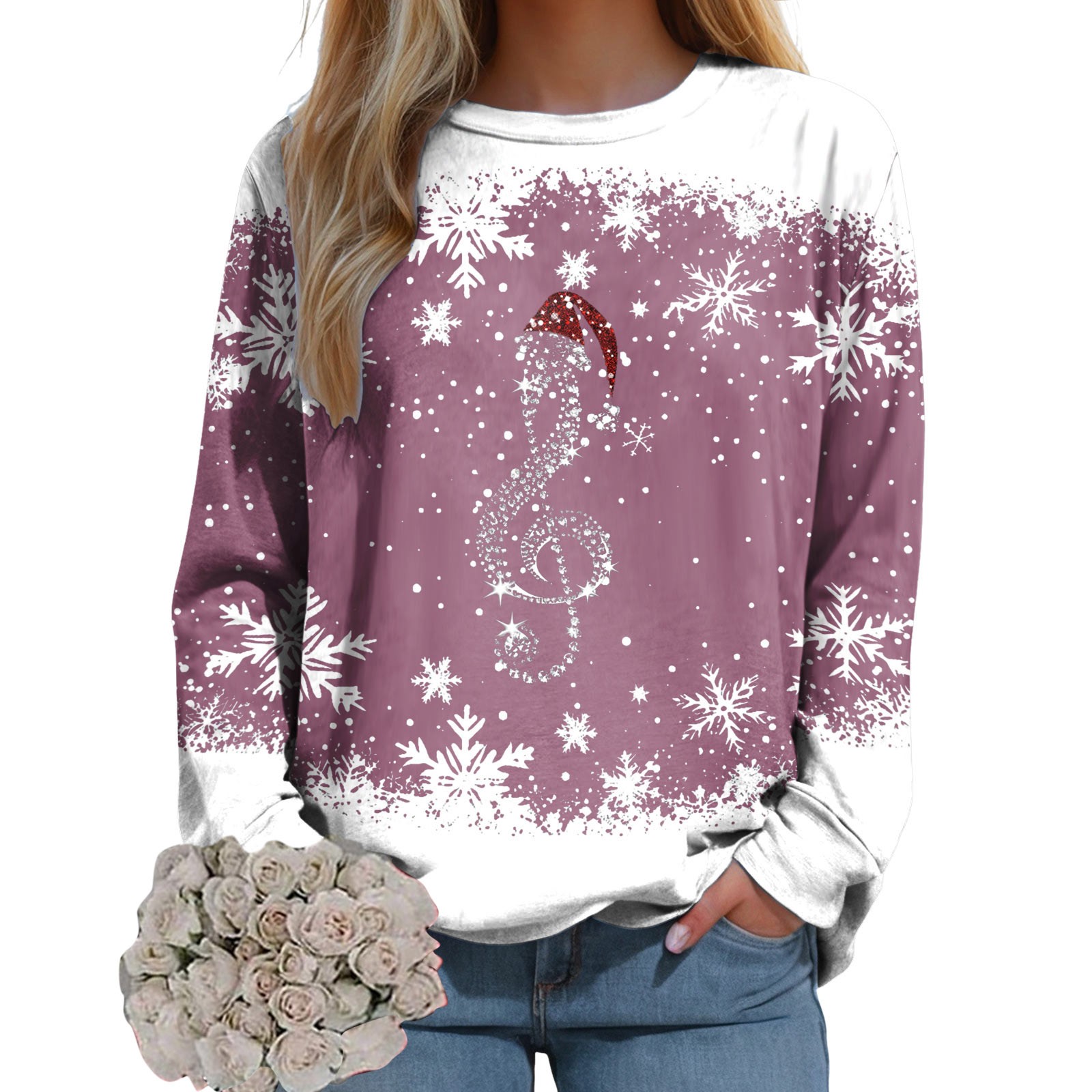 Oneswheels costumes for adult women Christmas New Year Hoodless 2025 Women Long Sleeve Pullover Xmas Pattern Printed Round Neck Sweatshirt Casual Loose Comfy Tops