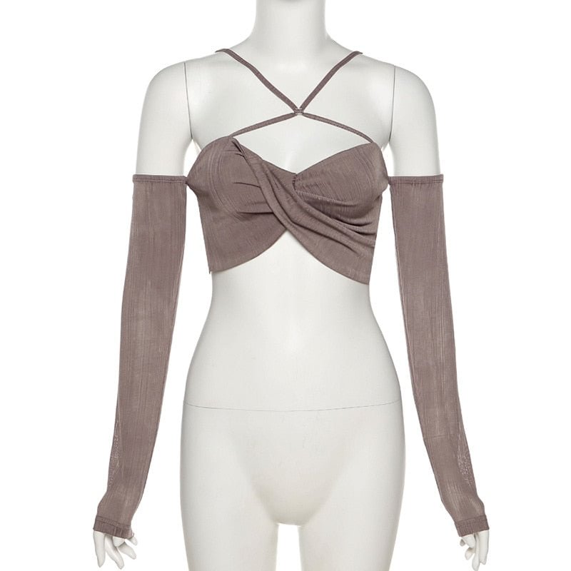 wsevypo Women Halter Neck Cropped Tops Solid Color Long Sleeve Knot Twist Cutout Tube Tops Backless Wrap T-shirt Streetwear