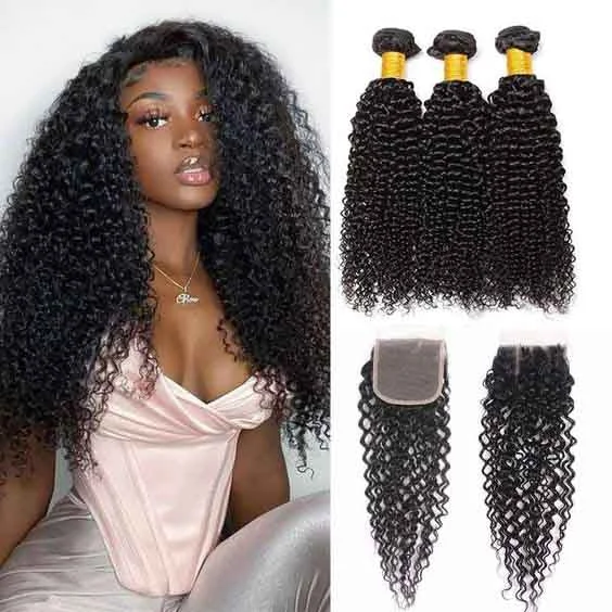 Brazilian Curly Hair 3 Bundles with Closure Transparent Lace Closure with Remy Hair Extension ELCNEPAL