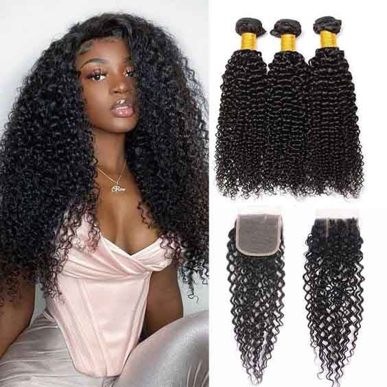 Brazilian Curly Hair 3 Bundles with Closure Transparent Lace Closure with Remy Hair Extension US Mall Lifes