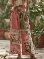 Women's Pink Rose Pattern Casual Linen Pants