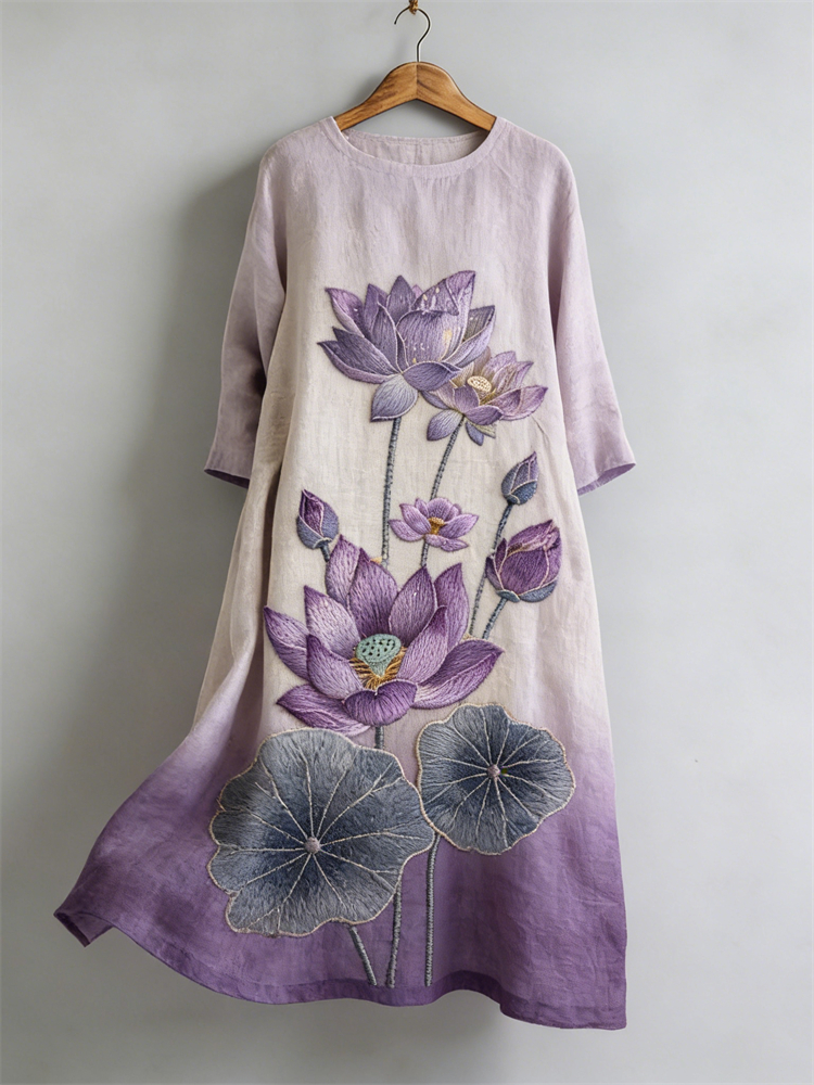 Classy Purple Lotus Flowers Gradient Linen Maxi Dress wearshes